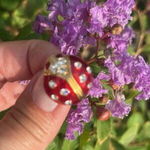KREMENTZ Gold Ladybug Red Enamel Clear Rhinestone Pin BROOCH